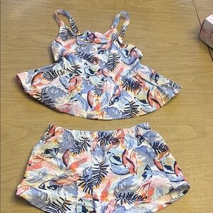 Linen-Tropical Print Tank Top and Shorts Set